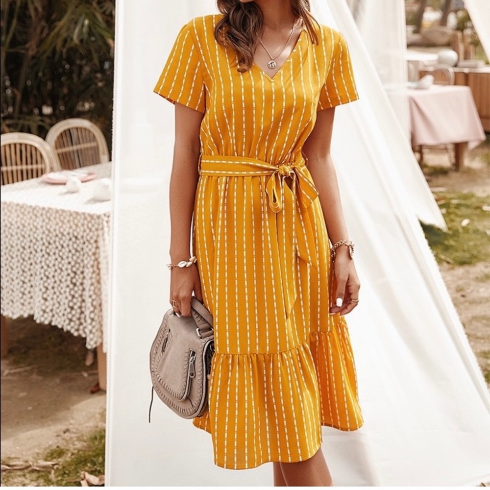 Yellow V-neck Stripped Dress
